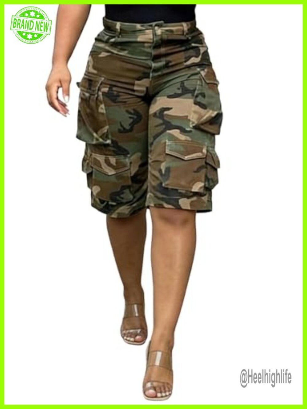 High Waisted Camo Cargo Shorts Denim Flap Pockets Casual